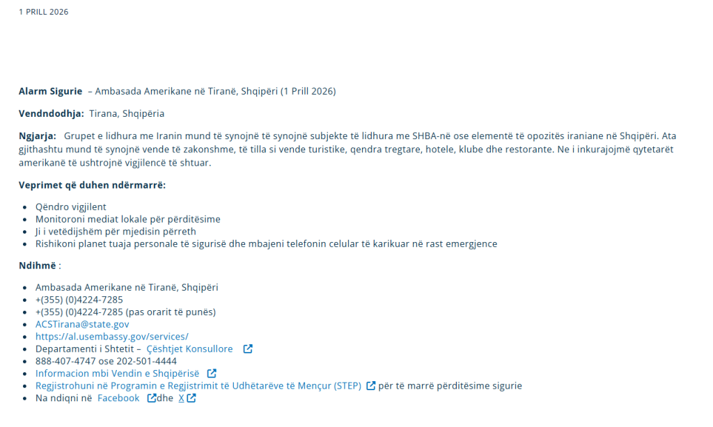 Ambasada amerikane paralajmëron  Grupe të lidhura me Iranin mund të synojnë amerikanët në Shqipëri